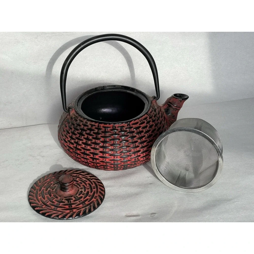 Red Cast Iron Tetsubin Style Teapot Enameled Interior Tea Pot w/ Infuser VTG